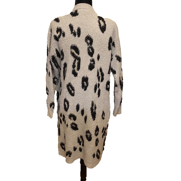 Knox Rose Leopard Cardigan Sweater Duster Womens Small Gray Black Long Knit - Picture 2 of 9
